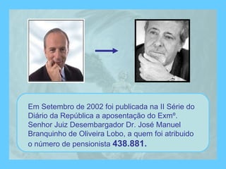 Em Setembro de 2002 foi publicada na II Série do Diário da República a aposentação do Exmº. Senhor Juiz Desembargador Dr. José Manuel Branquinho de Oliveira Lobo, a quem foi atribuido o número de pensionista  438.881. 