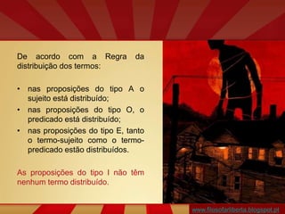 De acordo com a Regra da
distribuição dos termos:
• nas proposições do tipo A o
sujeito está distribuído;
• nas proposições do tipo O, o
predicado está distribuído;
• nas proposições do tipo E, tanto
o termo-sujeito como o termo-
predicado estão distribuídos.
As proposições do tipo I não têm
nenhum termo distribuído.
www.filosofarliberta.blogspot.pt
 