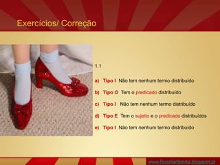 www.filosofarliberta.blogspot.pt
1.1
a) Tipo I Não tem nenhum termo distribuído
b) Tipo O Tem o predicado distribuído
c) Tipo I Não tem nenhum termo distribuído
d) Tipo E Tem o sujeito e o predicado distribuídos
e) Tipo I Não tem nenhum termo distribuído
Exercícios/ Correção
 