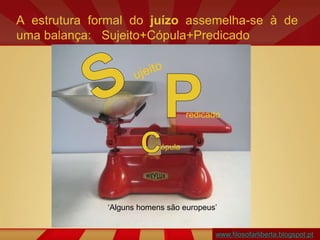 A estrutura formal do juízo assemelha-se à de
uma balança: Sujeito+Cópula+Predicado
redicado
ópula
‘Alguns homens são europeus’
www.filosofarliberta.blogspot.pt
 