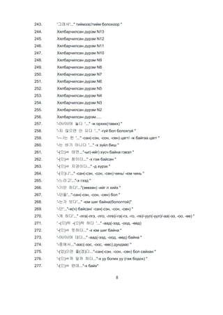 8
243. '그래서'..." тиймээс/тийм болохоор "
244. Хялбарчилсан дүрэм N13
245. Хялбарчилсан дүрэм N12
246. Хялбарчилсан дүрэм N11
247. Хялбарчилсан дүрэм N10
248. Хялбарчилсан дүрэм N9
249. Хялбарчилсан дүрэм N8
250. Хялбарчилсан дүрэм N7
251. Хялбарчилсан дүрэм N6
252. Хялбарчилсан дүрэм N5
253. Хялбарчилсан дүрэм N4
254. Хялбарчилсан дүрэм N3
255. Хялбарчилсан дүрэм N2
256. Хялбарчилсан дүрэм.....
257. '-어/아/여 놓다 '..." -ж орхих(тавих) "
258. '-지 않으면 안 되다 '..." -гүй бол болохгүй "
259. '-ㄴ/는 한 '..." -сан(-сэн, -сон, -сөн) цагт/ -ж байгаа цагт "
260. '-는 바가 아니다 '..." -х зүйл биш "
261. '-(으)ㄹ 테면..."-ыг(-ийг) хүсч байна гэвэл "
262. '-(으)ㄹ 참이다..." -х гэж байсан "
263. '-(으)ㄹ 지경이다..." -д хүрэх "
264. '-(으)니'..." -сан(-сэн, -сон, -сөн) чинь/ -юм чинь "
265. '-느라고'..."-х гээд "
266. '-기만 하다'..."(зөвхөн) -ийг л хийх "
267. '-던들'..."-сан(-сэн, -сон, -сөн) бол "
268. '-는가 보다'..." -юм шиг байна(бололтой)"
269. '-던'..."-ж(ч) байсан/ -сан(-сэн, -сон, -сөн) "
270. '-게 하다'..." -лга(-лгэ, -лго, -лгө)/-га(-гэ, -го, -гө)/-уул(-үүл)/-аа(-ээ, -оо, -өө) "
271. ' -(으)락 -(으)락 하다 '..." -аад(-ээд, -оод, -өөд)
272. '-(으)ㄹ 듯하다..." -х юм шиг байна "
273. '-어/아/여 대다..." -аад(-ээд, -оод, -өөд) байна "
274. '-중에서..."-аас(-ээс, -оос, -өөс) дундаас "
275. '-(었)으면 좋(겠)다..."-сан(-сэн, -сон, -сөн) бол сайхан "
276. '-(으)ㄹ까 말까 하다..."-х уу болих уу (гэж бодох) "
277. '-(으)ㄹ 텐데..."-х байх"
 