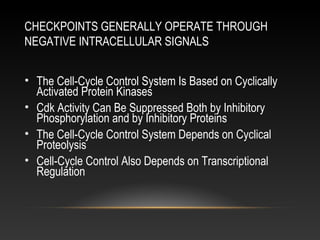 CHECKPOINTS GENERALLY OPERATE THROUGH
NEGATIVE INTRACELLULAR SIGNALS
• The Cell-Cycle Control System Is Based on Cyclically
Activated Protein Kinases
• Cdk Activity Can Be Suppressed Both by Inhibitory
Phosphorylation and by Inhibitory Proteins
• The Cell-Cycle Control System Depends on Cyclical
Proteolysis
• Cell-Cycle Control Also Depends on Transcriptional
Regulation
 