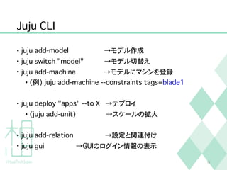 Juju CLI
• juju add-model →モデル作成
• juju switch "model" →モデル切替え
• juju add-machine →モデルにマシンを登録
• (例) juju add-machine --constraints tags=blade1
• juju deploy "apps" --to X →デプロイ
• (juju add-unit) →スケールの拡大
• juju add-relation →設定と関連付け
• juju gui →GUIのログイン情報の表示
19
 