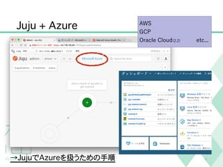 Juju + Azure
9→JujuでAzureを扱うための手順
AWS
GCP
Oracle Cloud(2.2) etc...
 