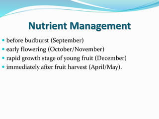 Nutrient Management
 before budburst (September)
 early flowering (October/November)
 rapid growth stage of young fruit (December)
 immediately after fruit harvest (April/May).
 