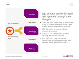 Juju



                                           Varnish            Juju delivers service focused
                                                              management through their
                                                              life-cycle
                                          Juju Relation   ●
                                                              Offers the same simple rules to components
     Juju environment
                                                              of you infra as we do already for packages
                                                              on your servers: dependencies, provides
                                                          ●
                                                              Adds the notion of dynamic relations
                                        Cloud app
                                         Cloud app
                                          Cloud app           between components
                                                          ●
                                                              To provide you with simple automated
                                                              elasticity that is easy to expand
     and dependency
     solver*                                              ●
                                                              Working on your bare metal servers
                                          Juju Relation
                                                              (through Orchestra*) as easily as on your
                                                              favourite clouds (AWS, OpenStack*, ...)



                                           MySQL



40 Presentation by B.Saller, N.Barcet                         *coming soon
 