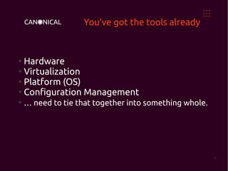 You've got the tools already



●
  Hardware
●
  Virtualization
●
  Platform (OS)
●
  Configuration Management
●
    … need to tie that together into something whole.




                                                        6
 