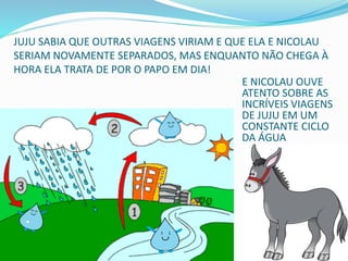 JUJU SABIA QUE OUTRAS VIAGENS VIRIAM E QUE ELA E NICOLAU
SERIAM NOVAMENTE SEPARADOS, MAS ENQUANTO NÃO CHEGA À
HORA ELA TRATA DE POR O PAPO EM DIA!
E NICOLAU OUVE
ATENTO SOBRE AS
INCRÍVEIS VIAGENS
DE JUJU EM UM
CONSTANTE CICLO
DA ÁGUA
 