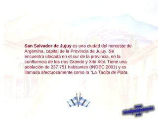 San Salvador de Jujuy  es una ciudad del noroeste de Argentina, capital de la Provincia de Jujuy. Se encuentra ubicada en el sur de la provincia, en la confluencia de los ríos Grande y Xibi Xibi. Tiene una población de 237.751 habitantes (INDEC 2001) y es llamada afectuosamente como la  "La Tacita de Plata   