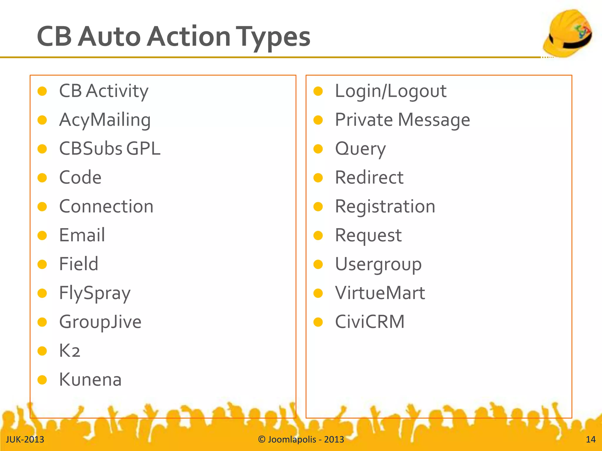 CB Auto ActionTypes
 CBActivity
 AcyMailing
 CBSubs GPL
 Code
 Connection
 Email
 Field
 FlySpray
 GroupJive
 K2
 Kunena
 Login/Logout
 Private Message
 Query
 Redirect
 Registration
 Request
 Usergroup
 VirtueMart
 CiviCRM
JUK-2013 © Joomlapolis - 2013 14
 