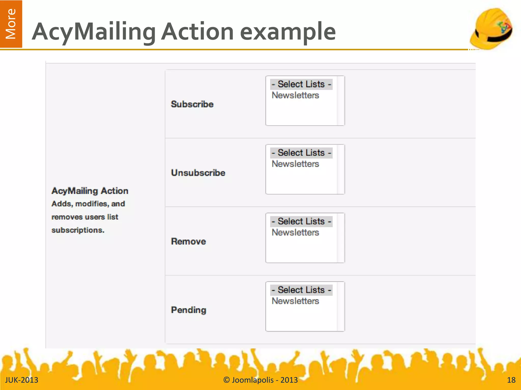 More
AcyMailing Action example
JUK-2013 © Joomlapolis - 2013 18
 
