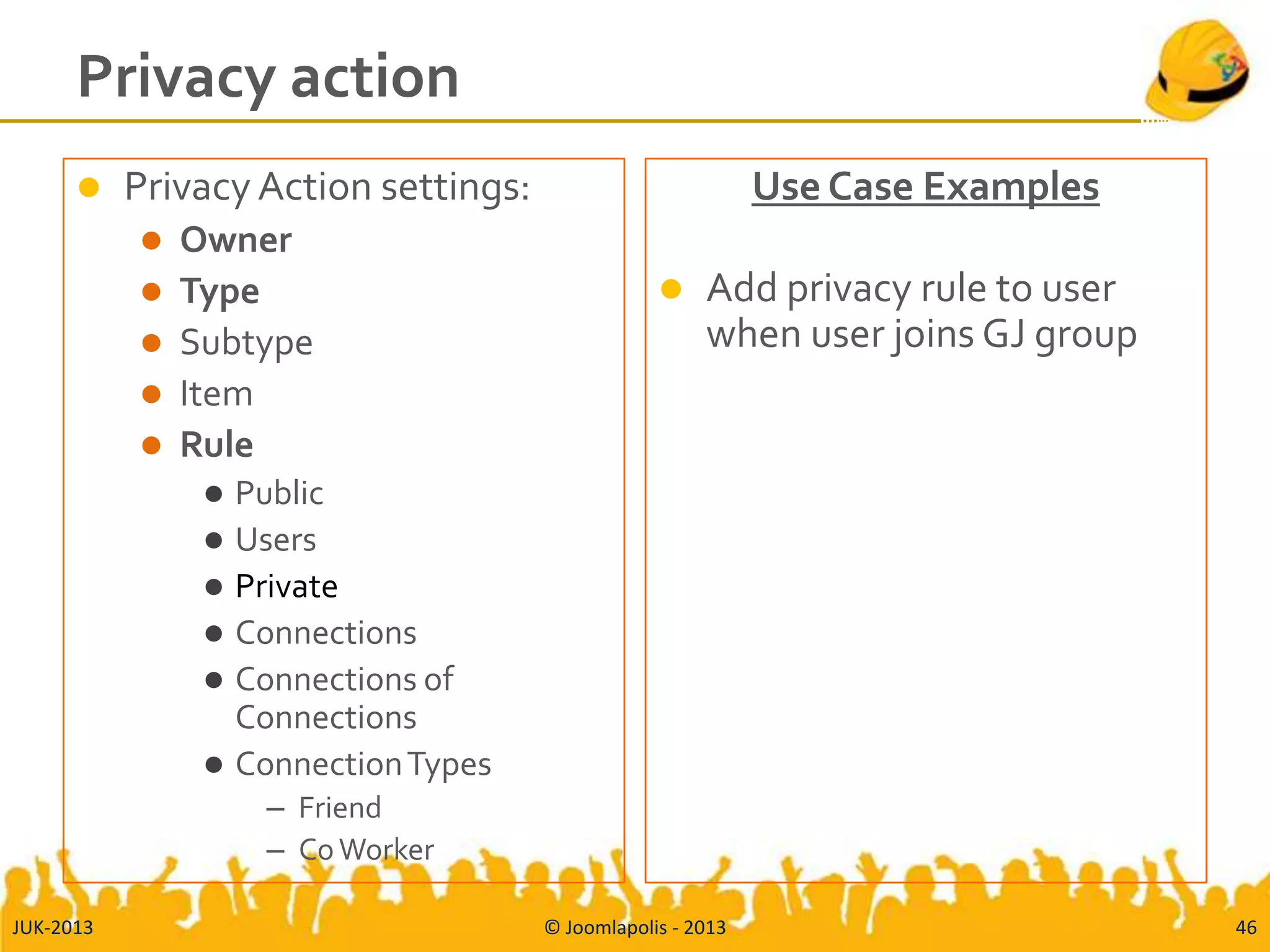 Privacy action
 Privacy Action settings:
 Owner
 Type
 Subtype
 Item
 Rule
 Public
 Users
 Private
 Connections
 Connections of
Connections
 ConnectionTypes
– Friend
– CoWorker
Use Case Examples
 Add privacy rule to user
when user joins GJ group
JUK-2013 © Joomlapolis - 2013 46
 
