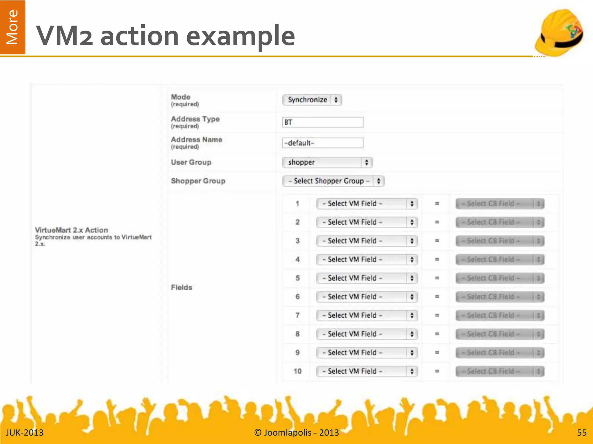 More
VM2 action example
JUK-2013 © Joomlapolis - 2013 55
 