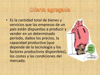 • Es la cantidad total de bienes y
servicios que las empresas de un
país están dispuestas a producir y
vender en un determinado
período, dados los precios, la
capacidad productiva (que
depende de la tecnología y los
factores productivos disponibles),
los costes y las condiciones del
mercado.
 