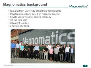 ®
Magnomatics background
• Spin out from University of Sheffield formed 2006
• Developing products based on magnetic gearing
• Private venture capital backed company
• 30 full time staff
• 20 patent families
• 2 Sites in Sheffield
Confidential 2
