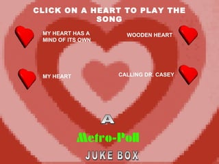 CLICK ON A HEART TO PLAY THE SONG A JUKE BOX MY HEART HAS A MIND OF ITS OWN MY HEART WOODEN HEART CALLING DR. CASEY 