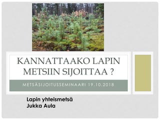 KANNATTAAKO LAPIN
METSIIN SIJOITTAA ?
Lapin yhteismetsä
Jukka Aula
M E T S Ä S I J O I T U S S E M I N A A R I 1 9 . 1 0 . 2 0 1 8
 