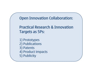 Open Innovation Collaboration:

Practical Research & Innovation
Targets as 5Ps:

1) Prototypes
2) Publications
3) Patents
4) Product impacts
5) Publicity
 