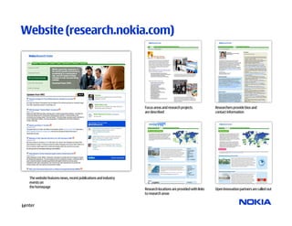Website (research.nokia.com)




                                                                 Focus areas and research projects            Researchers provide bios and
                                                                 are described                                contact information




   The website features news, recent publications and industry
   events on
   the homepage
                                                                 Research locations are provided with links   Open Innovation partners are called out
                                                                 to research areas
Nokia Research
Center
23
 