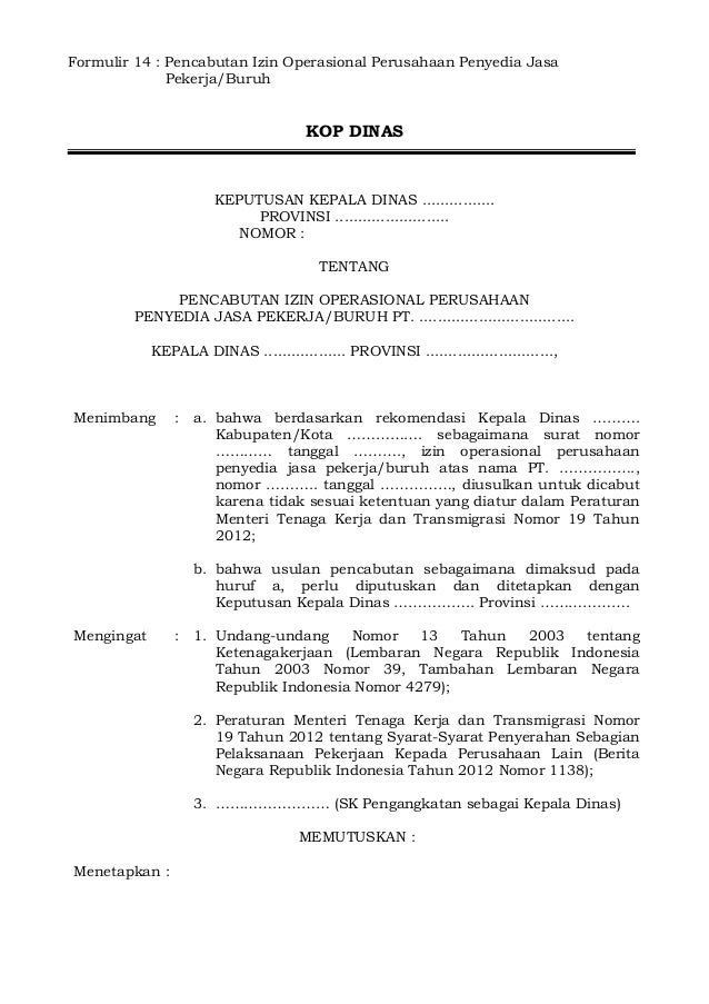 Juklak Outsourcing Se Menaker No 4 Tahun 2013