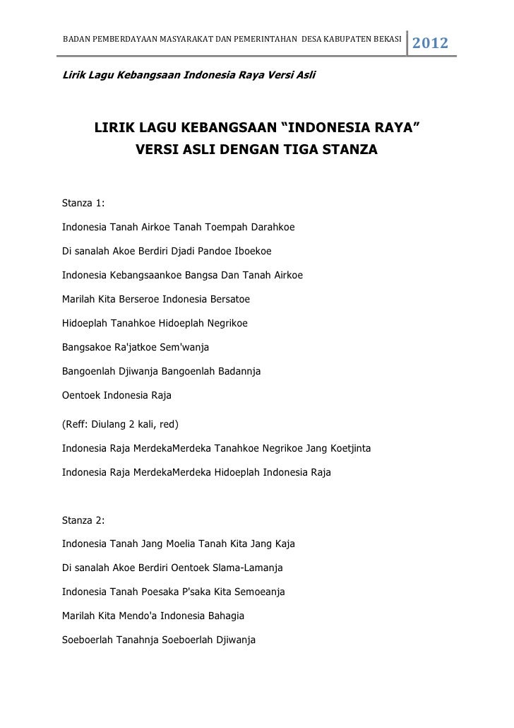 Lirik Lagu Indonesia Raya Versi Baru  Gudang Partitur