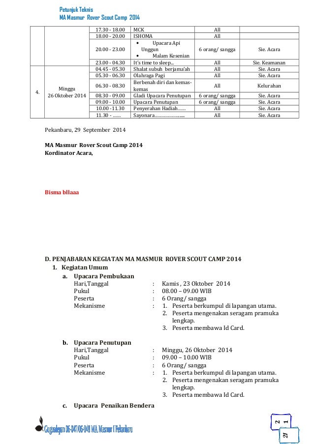 PETUNJUK TEKNIS PERKEMAHAN MA.MASMUR ROVER SCOUT CAMP 2014