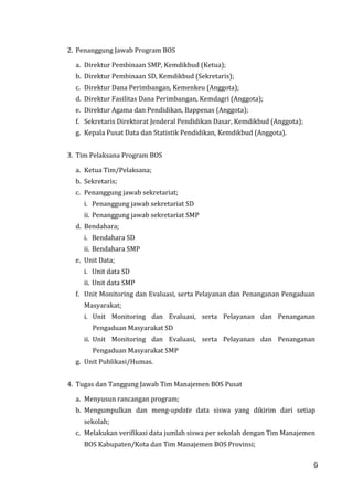 9
2. Penanggung Jawab Program BOS
a. Direktur Pembinaan SMP, Kemdikbud (Ketua);
b. Direktur Pembinaan SD, Kemdikbud (Sekretaris);
c. Direktur Dana Perimbangan, Kemenkeu (Anggota);
d. Direktur Fasilitas Dana Perimbangan, Kemdagri (Anggota);
e. Direktur Agama dan Pendidikan, Bappenas (Anggota);
f. Sekretaris Direktorat Jenderal Pendidikan Dasar, Kemdikbud (Anggota);
g. Kepala Pusat Data dan Statistik Pendidikan, Kemdikbud (Anggota).
3. Tim Pelaksana Program BOS
a. Ketua Tim/Pelaksana;
b. Sekretaris;
c. Penanggung jawab sekretariat;
i. Penanggung jawab sekretariat SD
ii. Penanggung jawab sekretariat SMP
d. Bendahara;
i. Bendahara SD
ii. Bendahara SMP
e. Unit Data;
i. Unit data SD
ii. Unit data SMP
f. Unit Monitoring dan Evaluasi, serta Pelayanan dan Penanganan Pengaduan
Masyarakat;
i. Unit Monitoring dan Evaluasi, serta Pelayanan dan Penanganan
Pengaduan Masyarakat SD
ii. Unit Monitoring dan Evaluasi, serta Pelayanan dan Penanganan
Pengaduan Masyarakat SMP
g. Unit Publikasi/Humas.
4. Tugas dan Tanggung Jawab Tim Manajemen BOS Pusat
a. Menyusun rancangan program;
b. Mengumpulkan dan meng-update data siswa yang dikirim dari setiap
sekolah;
c. Melakukan verifikasi data jumlah siswa per sekolah dengan Tim Manajemen
BOS Kabupaten/Kota dan Tim Manajemen BOS Provinsi;
9
 