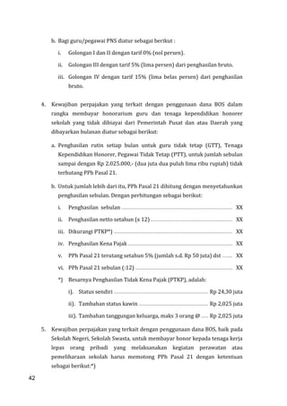 42
b. Bagi guru/pegawai PNS diatur sebagai berikut :
i. Golongan I dan II dengan tarif 0% (nol persen).
ii. Golongan III dengan tarif 5% (lima persen) dari penghasilan bruto.
iii. Golongan IV dengan tarif 15% (lima belas persen) dari penghasilan
bruto.
4. Kewajiban perpajakan yang terkait dengan penggunaan dana BOS dalam
rangka membayar honorarium guru dan tenaga kependidikan honorer
sekolah yang tidak dibiayai dari Pemerintah Pusat dan atau Daerah yang
dibayarkan bulanan diatur sebagai berikut:
a. Penghasilan rutin setiap bulan untuk guru tidak tetap (GTT), Tenaga
Kependidikan Honorer, Pegawai Tidak Tetap (PTT), untuk jumlah sebulan
sampai dengan Rp 2.025.000,- (dua juta dua puluh lima ribu rupiah) tidak
terhutang PPh Pasal 21.
b. Untuk jumlah lebih dari itu, PPh Pasal 21 dihitung dengan menyetahunkan
penghasilan sebulan. Dengan perhitungan sebagai berikut:
i. Penghasilan sebulan XX
ii. Penghasilan netto setahun (x 12) XX
iii. Dikurangi PTKP*) XX
iv. Penghasilan Kena Pajak XX
v. PPh Pasal 21 terutang setahun 5% (jumlah s.d. Rp 50 juta) dst XX
vi. PPh Pasal 21 sebulan (:12) XX
*) Besarnya Penghasilan Tidak Kena Pajak (PTKP), adalah:
i). Status sendiri Rp 24,30 juta
ii). Tambahan status kawin Rp 2,025 juta
iii). Tambahan tanggungan keluarga, maks 3 orang @ Rp 2,025 juta
5. Kewajiban perpajakan yang terkait dengan penggunaan dana BOS, baik pada
Sekolah Negeri, Sekolah Swasta, untuk membayar honor kepada tenaga kerja
lepas orang pribadi yang melaksanakan kegiatan perawatan atau
pemeliharaan sekolah harus memotong PPh Pasal 21 dengan ketentuan
sebagai berikut:*)
42
 