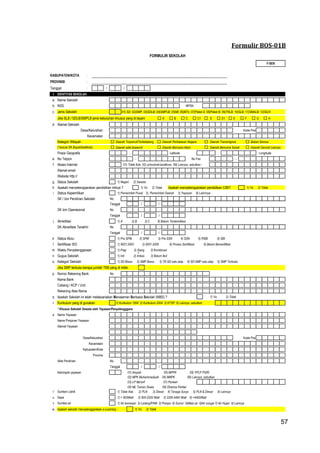 57
Formulir BOS-01B
KABUPATEN/KOTA :
PROVINSI :
Tanggal : / /
1 IDENTITAS SEKOLAH
a Nama Sekolah
b NSS NPSN
c Jenis Sekolah 01) SD; 02)SMP; 03)SDLB; 04)SMPLB; 05)MI; 06)MTs; 07)Paket A; 08)Paket B; 09)TKLB; 10)SLB; 11)SMALB; 12)SILN
Jika SLB / SDLB/SMPLB jenis kebutuhan khusus yang di layani A  B  C  C1  D  D1  E  F  G  H
d Alamat Sekolah
Desa/Kelurahan Kode Pos
Kecamatan
Kategori Wilayah  Daerah Terpencil/Terbelakang  Daerah Perbatasan Negara  Daerah Transmigrasi  Bukan Semua
 Daerah adat terpencil  Daerah Bencana Alam  Daerah Bencana Sosial  Daerah Darurat Lainnya
Posisi Geografis , Latitude , Longitude
e No Telpon - No Fax -
f Akses Internet 01) Tidak Ada 02) schoolnet/Jardiknas 99) Lainnya, sebutkan :
Alamat email
Website http://
g Status Sekolah 1) Negeri 2) Swasta
h Apakah menyelenggarakan pendidikan inklusi ? 1) Ya 2) Tidak Apakah menyelenggarakan pendidikan CIBI? 1) Ya 2) Tidak
i Status Kepemilikan 1) Pemerintah Pusat 2). Pemerintah Daerah 3) Yayasan 9) Lainnnya
SK / Izin Pendirian Sekolah No.
Tanggal / /
SK Izin Operasional No.
Tanggal / /
j Akreditasi 1) A 2) B 3) C 9) Belum Terakreditasi
SK Akreditasi Terakhir No.
Tanggal / /
k Status Mutu 1) Pra SPM 2) SPM 3) Pra SSN 4) SSN 5) RSBI 6) SBI
l Sertifikasi ISO 1) 9001:2000 2) 9001:2008 8) Proses Sertifikasi 9) Belum Bersertifikat
m Waktu Penyelenggaraan 1) Pagi 2) Siang 3) Kombinasi
n Gugus Sekolah 1) Inti 2) Imbas 3) Belum Ikut
o Kategori Sekolah 1) SD Biasa 2) SMP Biasa 3) TK-SD satu atap 4) SD-SMP satu atap 5) SMP Terbuka
Jika SMP terbuka berapa jumlah TKB yang di miliki
p Nomor Rekening Bank No.
Nama Bank
Cabang / KCP / Unit
Rekening Atas Nama
q Apakah Sekolah ini telah melaksanakan Manajemen Berbasis Sekolah (MBS) ? 1) Ya 2) Tidak
r Kurikulum yang di gunakan 1) Kurikulum 1994 2) Kurikulum 2004 3) KTSP 9) Lainnya, sebutkan
* Khusus Sekolah Swasta oleh Yayasan/Penyelengggara
s Nama Yayasan
Nama Pimpinan Yayasan
Alamat Yayasan
Desa/Kelurahan Kode Pos
Kecamatan
Kabupaten/Kota
Provinsi
Akte Pendirian No.
Tanggal / /
Kelompok yayasan 01) Aisyiah 05) MPPK 09) YPLP PGRI
02) MPK Muhammadiyah 06) MNPK 99) Lainnya, sebutkan
03) LP Ma'arif 07) Perwari
04) ML Taman Siswa 08) Dharma Pertiwi
t Sumber Listrik 1) Tidak Ada 2) PLN 3) Diesel 4) Tenaga Surya 5) PLN & Diesel 9) Lainnya
u Daya 1) < 900Watt 2) 900-2200 Watt 3) 2200-4400 Watt 4) >4400Watt
v Sumber air 1) Air kemasan 2) Ledeng/PAM 3) Pompa 4) Sumur 5)Mata air 6)Air sungai 7) Air Hujan 9) Lainnya
w Apakah sekolah menyelenggarakan e-Learning : 1) Ya 2) Tidak
F-SEK
(*sesuai SK Bupati/walikota)
FORMULIR SEKOLAH
57
 