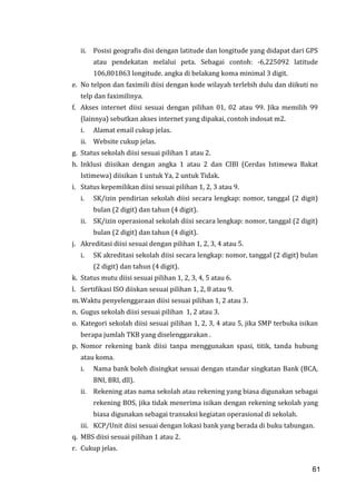 61
ii. Posisi geografis disi dengan latitude dan longitude yang didapat dari GPS
atau pendekatan melalui peta. Sebagai contoh: -6,225092 latitude
106,801863 longitude. angka di belakang koma minimal 3 digit.
e. No telpon dan faximili diisi dengan kode wilayah terlebih dulu dan diikuti no
telp dan faximilinya.
f. Akses internet diisi sesuai dengan pilihan 01, 02 atau 99. Jika memilih 99
(lainnya) sebutkan akses internet yang dipakai, contoh indosat m2.
i. Alamat email cukup jelas.
ii. Website cukup jelas.
g. Status sekolah diisi sesuai pilihan 1 atau 2.
h. Inklusi diisikan dengan angka 1 atau 2 dan CIBI (Cerdas Istimewa Bakat
Istimewa) diisikan 1 untuk Ya, 2 untuk Tidak.
i. Status kepemilikan diisi sesuai pilihan 1, 2, 3 atau 9.
i. SK/izin pendirian sekolah diisi secara lengkap: nomor, tanggal (2 digit)
bulan (2 digit) dan tahun (4 digit).
ii. SK/izin operasional sekolah diisi secara lengkap: nomor, tanggal (2 digit)
bulan (2 digit) dan tahun (4 digit).
j. Akreditasi diisi sesuai dengan pilihan 1, 2, 3, 4 atau 5.
i. SK akreditasi sekolah diisi secara lengkap: nomor, tanggal (2 digit) bulan
(2 digit) dan tahun (4 digit).
k. Status mutu diisi sesuai pilihan 1, 2, 3, 4, 5 atau 6.
l. Sertifikasi ISO diiskan sesuai pilihan 1, 2, 8 atau 9.
m. Waktu penyelenggaraan diisi sesuai pilihan 1, 2 atau 3.
n. Gugus sekolah diisi sesuai pilihan 1, 2 atau 3.
o. Kategori sekolah diisi sesuai pilihan 1, 2, 3, 4 atau 5, jika SMP terbuka isikan
berapa jumlah TKB yang diselenggarakan .
p. Nomor rekening bank diisi tanpa menggunakan spasi, titik, tanda hubung
atau koma.
i. Nama bank boleh disingkat sesuai dengan standar singkatan Bank (BCA,
BNI, BRI, dll).
ii. Rekening atas nama sekolah atau rekening yang biasa digunakan sebagai
rekening BOS, jika tidak menerima isikan dengan rekening sekolah yang
biasa digunakan sebagai transaksi kegiatan operasional di sekolah.
iii. KCP/Unit diisi sesuai dengan lokasi bank yang berada di buku tabungan.
q. MBS diisi sesuai pilihan 1 atau 2.
r. Cukup jelas.
61
 