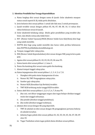 70
2. Identitas Pendidik Dan Tenaga Kependidikan
a. Nama lengkap diisi sesuai dengan nama di ijasah. Gelar akademis maupun
status sosial seperti H. Hj. tidak perlu dituliskan.
b. Jenis kelamin diisi sesuai pilihan 1 untuk laki-laki atau 2 untuk perempuan.
c. Ijazah terakhir sesuai dengan pilihan 05, 06, 07, 08, 08, 10, 11 tahun diisi
tahun kelulusan sesuai di ijasah.
d. Gelar akademik belakang cukup ditulis gelar pendidikan yang terakhir jika
linier, dan ditulis semua jika tidak linier .
e. NIY (Nomor Induk Yayasan)/NIGK (Nomor Induk Guru Kab/Kota) diisi bagi
yang sudah memiliki.
f. NUPTK diisi bagi yang sudah memiliki dan harus valid, periksa kebenaran
data NUPTK di p2tkdikdas.kemdikbud.go.id.
g. Tempat, tanggal lahir cukup jelas.
h. NIK (Nomor Induk Kependudukan) diisi sesuai dengan NIK yang tertera pada
KTP.
i. Agama diisi sesuai pilihan 01, 02, 03, 04, 05, 06 atau 99.
j. Status kawin diisi sesuai pilihan 1, 2 atau 3.
k. Nama ibu kandung diisi sesuai nama gadis ibu kandung.
l. Alamat tempat tinggal cukup jelas.
m. Status kepegawaian diisi sesuai pilihan 1, 2, 3, 4, 5, 6, 7, 8.
i. Diangkat oleh pada status kepegawaian di atas.
ii. Nomor SK, TMT Pengangkatan cukup jelas.
iii. Sumber gaji cukup jelas.
iv. Nomor KGB (Kenaikan Gaji Berkala) terakhir.
v. TMT KGB terhitung mulai tanggal KGB terakhir.
n. Status aktif diisi sesuai pilihan 1, 2,3, 4, 5, 6, 7, 8 atau 99.
i. Jika cuti, cuti diluar tanggungan negara dan tugas belajar diisikan tanggal
mulai dan tanggal selesainya.
ii. Jika pindah (diisikan tanggal pindahnya).
iii. Jika wafat (diisikan tanggal wafatnya).
o. Jabatan diisi sesuai dengan SK yang diperoleh.
i. TMT di sekolah ini diisi sesuai dengan SK pengangkatan pertama bekerja
di sekolah tersebut.
ii. Jabatan/tugas pokok diisi sesuai pilihan 01, 02, 03, 04, 05, 06, 07, 08, 09
atau 10.
iii. Tugas Tambahan selain tugas pokok diatas diisikan sesuai pilihan.
70
 