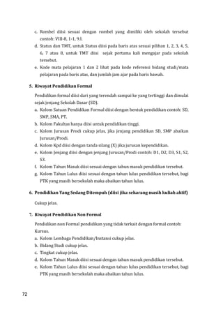 72
c. Rombel diisi sesuai dengan rombel yang dimiliki oleh sekolah tersebut
contoh: VIII-8, 1-1, 9.I.
d. Status dan TMT, untuk Status diisi pada baris atas sesuai pilihan 1, 2, 3, 4, 5,
6, 7 atau 8, untuk TMT diisi sejak pertama kali mengajar pada sekolah
tersebut.
e. Kode mata pelajaran 1 dan 2 lihat pada kode referensi bidang studi/mata
pelajaran pada baris atas, dan jumlah jam ajar pada baris bawah.
5. Riwayat Pendidikan Formal
Pendidikan formal diisi dari yang terendah sampai ke yang tertinggi dan dimulai
sejak jenjang Sekolah Dasar (SD).
a. Kolom Satuan Pendidikan Formal diisi dengan bentuk pendidikan contoh: SD,
SMP, SMA, PT.
b. Kolom Fakultas hanya diisi untuk pendidikan tinggi.
c. Kolom Jurusan Prodi cukup jelas, jika jenjang pendidikan SD, SMP abaikan
Jurusan/Prodi.
d. Kolom Kpd diisi dengan tanda silang (X) jika jurusan kependidikan.
e. Kolom Jenjang diisi dengan jenjang Jurusan/Prodi contoh: D1, D2, D3, S1, S2,
S3.
f. Kolom Tahun Masuk diisi sesuai dengan tahun masuk pendidikan tersebut.
g. Kolom Tahun Lulus diisi sesuai dengan tahun lulus pendidikan tersebut, bagi
PTK yang masih bersekolah maka abaikan tahun lulus.
6. Pendidikan Yang Sedang Ditempuh (diisi jika sekarang masih kuliah aktif)
Cukup jelas.
7. Riwayat Pendidikan Non Formal
Pendidikan non Formal pendidikan yang tidak terkait dengan formal contoh:
Kursus.
a. Kolom Lembaga Pendidikan/Instansi cukup jelas.
b. Bidang Studi cukup jelas.
c. Tingkat cukup jelas.
d. Kolom Tahun Masuk diisi sesuai dengan tahun masuk pendidikan tersebut.
e. Kolom Tahun Lulus diisi sesuai dengan tahun lulus pendidikan tersebut, bagi
PTK yang masih bersekolah maka abaikan tahun lulus.
72
 