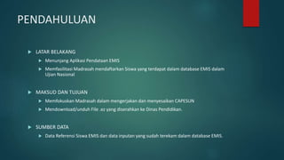 PENDAHULUAN
 LATAR BELAKANG
 Menunjang Aplikasi Pendataan EMIS
 Memfasilitasi Madrasah mendaftarkan Siswa yang terdapat dalam database EMIS dalam
Ujian Nasional
 MAKSUD DAN TUJUAN
 Memfokuskan Madrasah dalam mengerjakan dan menyesaikan CAPESUN
 Mendownload/unduh File .ez yang diserahkan ke Dinas Pendidikan.
 SUMBER DATA
 Data Referensi Siswa EMIS dan data inputan yang sudah terekam dalam database EMIS.
 