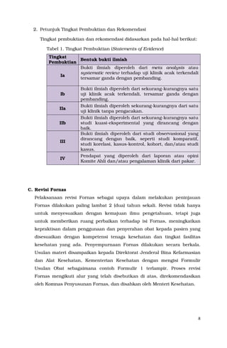 8
2. Petunjuk Tingkat Pembuktian dan Rekomendasi
Tingkat pembuktian dan rekomendasi didasarkan pada hal-hal berikut:
Tabel 1. Tingkat Pembuktian (Statements of Evidence)
Tingkat
Pembuktian
Bentuk bukti ilmiah
Ia
Bukti ilmiah diperoleh dari meta analysis atau
systematic review terhadap uji klinik acak terkendali
tersamar ganda dengan pembanding.
Ib
Bukti ilmiah diperoleh dari sekurang-kurangnya satu
uji klinik acak terkendali, tersamar ganda dengan
pembanding.
IIa
Bukti ilmiah diperoleh sekurang-kurangnya dari satu
uji klinik tanpa pengacakan.
IIb
Bukti ilmiah diperoleh dari sekurang-kurangnya satu
studi kuasi-eksperimental yang dirancang dengan
baik.
III
Bukti ilmiah diperoleh dari studi observasional yang
dirancang dengan baik, seperti studi komparatif,
studi korelasi, kasus-kontrol, kohort, dan/atau studi
kasus.
IV
Pendapat yang diperoleh dari laporan atau opini
Komite Ahli dan/atau pengalaman klinik dari pakar.
C. Revisi Fornas
Pelaksanaan revisi Fornas sebagai upaya dalam melakukan peninjauan
Fornas dilakukan paling lambat 2 (dua) tahun sekali. Revisi tidak hanya
untuk menyesuaikan dengan kemajuan ilmu pengetahuan, tetapi juga
untuk memberikan ruang perbaikan terhadap isi Fornas, meningkatkan
kepraktisan dalam penggunaan dan penyerahan obat kepada pasien yang
disesuaikan dengan kompetensi tenaga kesehatan dan tingkat fasilitas
kesehatan yang ada. Penyempurnaan Fornas dilakukan secara berkala.
Usulan materi disampaikan kepada Direktorat Jenderal Bina Kefarmasian
dan Alat Kesehatan, Kementerian Kesehatan dengan mengisi Formulir
Usulan Obat sebagaimana contoh Formulir 1 terlampir. Proses revisi
Fornas mengikuti alur yang telah disebutkan di atas, direkomendasikan
oleh Komnas Penyusunan Fornas, dan disahkan oleh Menteri Kesehatan.
 