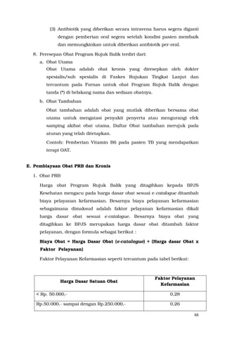 66
(3) Antibiotik yang diberikan secara intravena harus segera diganti
dengan pemberian oral segera setelah kondisi pasien membaik
dan memungkinkan untuk diberikan antibiotik per-oral.
8. Peresepan Obat Program Rujuk Balik terdiri dari:
a. Obat Utama
Obat Utama adalah obat kronis yang diresepkan oleh dokter
spesialis/sub spesialis di Faskes Rujukan Tingkat Lanjut dan
tercantum pada Fornas untuk obat Program Rujuk Balik dengan
tanda (*) di belakang nama dan sediaan obatnya.
b. Obat Tambahan
Obat tambahan adalah obat yang mutlak diberikan bersama obat
utama untuk mengatasi penyakit penyerta atau mengurangi efek
samping akibat obat utama. Daftar Obat tambahan merujuk pada
aturan yang telah ditetapkan.
Contoh: Pemberian Vitamin B6 pada pasien TB yang mendapatkan
terapi OAT.
E. Pembiayaan Obat PRB dan Kronis
1. Obat PRB
Harga obat Program Rujuk Balik yang ditagihkan kepada BPJS
Kesehatan mengacu pada harga dasar obat sesuai e-catalogue ditambah
biaya pelayanan kefarmasian. Besarnya biaya pelayanan kefarmasian
sebagaimana dimaksud adalah faktor pelayanan kefarmasian dikali
harga dasar obat sesuai e-catalogue. Besarnya biaya obat yang
ditagihkan ke BPJS merupakan harga dasar obat ditambah faktor
pelayanan, dengan formula sebagai berikut :
Biaya Obat = Harga Dasar Obat (e-catalogue) + (Harga dasar Obat x
Faktor Pelayanan)
Faktor Pelayanan Kefarmasian seperti tercantum pada tabel berikut:
Harga Dasar Satuan Obat
Faktor Pelayanan
Kefarmasian
< Rp. 50.000,- 0,28
Rp.50.000,- sampai dengan Rp.250.000,- 0,26
 