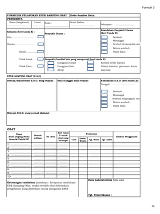 Formulir 3
Umur:
………….
Kelamin (beri tanda X) :
Penyakit Utama :
Pria ………………………… Sembuh
Meninggal
Wanita: ……………………. Sembuh dengangejala sisa
Belum sembuh
Hamil …..….…… Tidak Tahu
Tidak hamil……. Penyakit/kondisi lain yang menyertai (beri tanda X):
Gangguan Ginjal Kondisi medis lainnya
Tidak Tahu..…… Gangguan Hati Faktor Industri, pertanian, kimia
Alergi Lain-lain
EFEK SAMPING OBAT (E.S.O)
Bentuk/manifestasi E.S.O. yang terjadi: Saat/Tanggal mula terjadi: Kesudahan E.S.O. (beri tanda X):
Tanggal: ……………………………
Sembuh
Meninggal
Sembuh dengangejala sisa
Belum sembuh
Tidak Tahu
Riwayat E.S.O. yang pernah dialami:
OBAT
Cara
Dosis/
Waktu
Tgl. Mulai Tgl. Akhir
1. ………………….. ……….. ………….. ………
2. ………………………..……….. ………….. ………
3. ………………………..……….. ………….. ………
4. ………………………..……….. ………….. ………
5. ………………………..……….. ………….. ………
6. ………………………..……….. …………. ………
7. ………………………..……….. …………. ………
8. …………….………….……….. …………. ………
9. ……..….…………….……….. …………. ………
10. ………..…………….……….. …………. ………
Data Laboratorium (bila ada)
Tgl. Pemeriksaan :
Berat Badan :
……………………………
Pemberian
Keterangan tambahan (misalnya : kecepatan timbulnya
Efek Samping Obat, reaksi setelah obat dihentikan,
pengobatan yang diberikan untuk mengatasi ESO)
Indikasi Penggunaan
Kesudahan Penyakit Utama
(Beri Tanda X):
Pekerjaan : ………………………
PENDERITA
Kode Sumber Data:
Nama
Nama Dagang/Nama
Generik/Pabrik/IF)
Bentuk
sediaan
No. Bets
Beri tanda
X untuk
obat yang
dicurigai
FORMULIR PELAPORAN EFEK SAMPING OBAT
Nama (Singkatan)
……..……………………
.
Suku :
……………………………
74
 