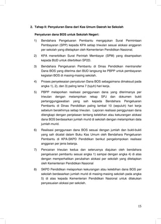 2. Tahap II: Penyaluran Dana dari Kas Umum Daerah ke Sekolah

  Penyaluran dana BOS untuk Sekolah Negeri:
  1)   Bendahara Pengeluaran Pembantu mengajukan Surat Permintaan
       Pembayaran (SPP) kepada KPA setiap triwulan sesuai alokasi anggaran
       per sekolah yang ditetapkan oleh Kementerian Pendidikan Nasional.
  2)   KPA menerbitkan Surat Perintah Membayar (SPM) yang disampaikan
       kepada BUD untuk diterbitkan SP2D.
  3)   Bendahara Pengeluaran Pembantu di Dinas Pendidikan mentransfer
       Dana BOS yang diterima dari BUD langsung ke PBPP untuk pembayaran
       kegiatan BOS di masing-masing sekolah.
  4)   Proses penyelesaian penyaluran Dana BOS sebagaimana dimaksud pada
       angka 1), 2), dan 3) paling lama 7 (tujuh) hari kerja.
  5)   PBPP melaporkan realisasi penggunaan dana yang diterimanya per
       triwulan dengan melampirkan rekap SPJ dan dokumen bukti
       pertanggungjawaban yang sah kepada Bendahara Pengeluaran
       Pembantu di Dinas Pendidikan paling lambat 10 (sepuluh) hari kerja
       sebelum berakhirnya setiap triwulan. Laporan realisasi penggunaan dana
       dilengkapi dengan penjelasan tentang kelebihan atau kekurangan alokasi
       dana BOS berdasarkan jumlah murid di sekolah dengan melampirkan data
       jumlah murid.
  6)   Realisasi penggunaan dana BOS sesuai dengan jumlah dan bukti-bukti
       yang sah dicatat dalam Buku Kas Umum oleh Bendahara Pengeluaran
       Pembantu di KPA-SKPD Pendidikan berikut pengelompokan realisasi
       anggaran per jenis belanja.
  7)   Pencairan triwulan kedua dan seterusnya diajukan oleh bendahara
       pengeluaran pembantu sesuai angka 1) sampai dengan angka 4) di atas
       dengan memperhatikan perubahan alokasi per sekolah yang ditetapkan
       oleh Kementerian Pendidikan Nasional
  8)   SKPD Pendidikan melaporkan kekurangan atau kelebihan dana BOS per
       sekolah berdasarkan jumlah murid di masing-masing sekolah pada angka
       5) di atas kepada Kementerian Pendidikan Nasional untuk dilakukan
       penyesuaian alokasi per sekolah.




                                                                          15
                                                                          15
 