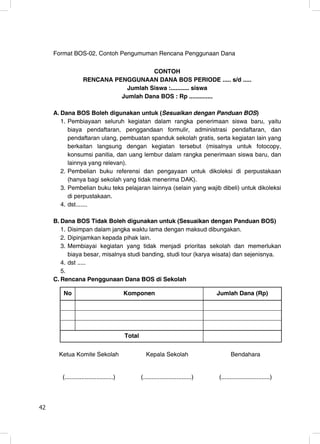Format BOS-02, Contoh Pengumuman Rencana Penggunaan Dana

                                       CONTOH
                   RENCANA PENGGUNAAN DANA BOS PERIODE ..... s/d .....
                               Jumlah Siswa :........... siswa
                             Jumlah Dana BOS : Rp ..............

     A. Dana BOS Boleh digunakan untuk (Sesuaikan dengan Panduan BOS)
        1. Pembiayaan seluruh kegiatan dalam rangka penerimaan siswa baru, yaitu
           biaya pendaftaran, penggandaan formulir, administrasi pendaftaran, dan
           pendaftaran ulang, pembuatan spanduk sekolah gratis, serta kegiatan lain yang
           berkaitan langsung dengan kegiatan tersebut (misalnya untuk fotocopy,
           konsumsi panitia, dan uang lembur dalam rangka penerimaan siswa baru, dan
           lainnya yang relevan).
        2. Pembelian buku referensi dan pengayaan untuk dikoleksi di perpustakaan
           (hanya bagi sekolah yang tidak menerima DAK).
        3. Pembelian buku teks pelajaran lainnya (selain yang wajib dibeli) untuk dikoleksi
           di perpustakaan.
        4. dst.......

     B. Dana BOS Tidak Boleh digunakan untuk (Sesuaikan dengan Panduan BOS)
        1. Disimpan dalam jangka waktu lama dengan maksud dibungakan.
        2. Dipinjamkan kepada pihak lain.
        3. Membiayai kegiatan yang tidak menjadi prioritas sekolah dan memerlukan
           biaya besar, misalnya studi banding, studi tour (karya wisata) dan sejenisnya.
        4. dst .....
        5.
     C. Rencana Penggunaan Dana BOS di Sekolah

        No                                Komponen                                  Jumlah Dana (Rp)




                                          Total


       Ketua Komite Sekolah                          Kepala Sekolah                       Bendahara


        (.............................)           (.............................)   (.............................)




42                                                                                                                    42
 