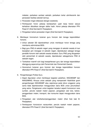 mebeler, perbaikan sanitasi sekolah, perbaikan lantai ubin/keramik dan
     perawatan fasilitas sekolah lainnya.
     Perawatan ringan dilakukan dengan swakelola.
     Pembayaran honor pekerja berdasarkan upah kerja harian sesuai
     kehadiran dibuktikan dengan daftar hadir. Honor pekerja dikenakan PPh
     Pasal 21 (lihat Sub bab B: Perpajakan).
     Pengadaan bahan perawatan ringan (lihat Sub bab B: Perpajakan).

8. Membayar honorarium bulanan guru honorer dan tenaga kependidikan
   honorer.
     Untuk sekolah SD diperbolehkan untuk membayar honor tenaga yang
     membantu administrasi BOS.
     Bagi guru PNS di sekolah negeri yang mengajar di sekolah swasta di luar
     kewajiban jam mengajar di sekolah negeri, diperlakukan sebagai tenaga
     pendidik honorer oleh sekolah swasta tersebut. Guru PNS yang ditugaskan
     oleh pemerintah di sekolah swasta, diperlakukan sebagaimana PNS di
     sekolah negeri.
     Tambahan insentif rutin bagi kesejahteraan guru dan tenaga kependidikan
     ditanggung sepenuhnya oleh Pemerintah dan Pemerintah Daerah.
     Honorarium bulanan guru honorer dan tenaga kependidikan honorer
     dikenakan PPh Pasal 21 (lihat Sub bab B: Perpajakan).

9. Pengembangan Profesi Guru
     Dapat digunakan untuk membiayai kegiatan pelatihan, KKG/MGMP dan
     KKKS/MKKS. Khusus untuk sekolah yang memperoleh hibah/blok grant
     pengembangan KKG/MGMP atau sejenisnya pada tahun anggaran yang
     sama tidak diperkenankan menggunakan dana BOS untuk peruntukkan
     yang sama. Pengeluaran untuk kegiatan tersebut seperti honorarium nara
     sumber, penulis naskah materi paparan, pengadaan alat tulis, bahan,
     penggandaan materi, transport, dan konsumsi dapat menggunakan dana
     BOS.
     Pengadaan alat tulis/bahan/penggandaan materi (lihat Sub bab B:
     Perpajakan).
     Pembayaran honorarium narasumber, penulis naskah materi paparan,
     dikenakan PPh Pasal 21 (lihat Sub bab B: Perpajakan).




                                                                         63
                                                                          5
 