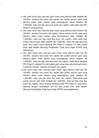 a. Jika upah harian atau rata-rata upah harian yang diterima tidak melebihi Rp
   150.000,- (seratus lima puluh ribu rupiah) dan jumlah seluruh upah yang
   diterima dalam bulan takwim yang bersangkutan belum melebihi Rp
   1.320.000,- (satu juta tiga ratus dua puluh ribu rupiah), maka tidak ada PPh
   Pasal 21 yang dipotong;
b. Jika upah harian atau rata-rata upah harian yang diterima tidak melebihi Rp
   150.000,- (seratus lima puluh ribu rupiah), namun jumlah seluruh upah yang
   diterima dalam bulan takwim yang bersangkutan telah melebihi Rp
   1.320.000,- (satu juta tiga ratus dua puluh ribu rupiah), maka pada saat
   jumlah seluruh upah telah melebihi Rp 1.320.000,- (satu juta tiga ratus dua
   puluh ribu rupiah) harus dipotong PPh Pasal 21 sebesar 5% atas jumlah
   bruto upah setelah dikurangi Penghasilan Tidak Kena Pajak (PTKP) yang
   sebenarnya;
c. Jika upah harian atau rata-rata upah harian yang diterima lebih dari Rp
   150.000,- (seratus lima puluh ribu rupiah) dan jumlah seluruh upah yang
   diterima dalam bulan takwim yang bersangkutan belum melebihi Rp
   1.320.000,- (satu juta tiga ratus dua puluh ribu rupiah), maka harus dipotong
   PPh Pasal 21 sebesar 5% dari jumlah upah harian atau rata-rata upah harian
   di atas Rp 150.000,- (seratus lima puluh ribu rupiah);
d. Jika upah harian atau rata-rata upah harian yang diterima lebih dari Rp
   150.000,- (seratus lima puluh ribu rupiah) dan jumlah seluruh upah yang
   diterima dalam bulan takwim yang bersangkutan telah melebihi Rp
   1.320.000,- (satu juta tiga ratus dua puluh ribu rupiah), maka pada saat
   jumlah seluruh upah telah melebihi Rp 1.320.000,- (satu juta tiga ratus dua
   puluh ribu rupiah), harus dihitung kembali jumlah PPh Pasal 21 yang harus
   dipotong dengan menerapkan tarif 5% atas jumlah bruto upah setelah
   dikurangi Penghasilan Tidak Kena Pajak (PTKP) yang sebenarnya.




                                                                             69
                                                                             11
 
