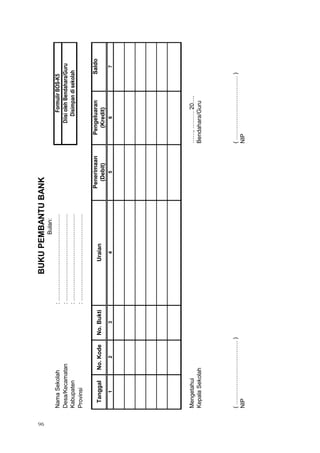 96
NamaSekolah:………………………………………
Desa/Kecamatan:………………………………………
Kabupaten:………………………………………
Provinsi:………………………………………
PenerimaanPengeluaranSaldo
(Debit)(Kredit)
1234567
Mengetahui……,………20….
KepalaSekolahBendahara/Guru
(……………………………)(……………………………)
NIPNIP
BUKUPEMBANTUBANK
Bulan:
FormulirBOS-K5
DiisiolehBendahara/Guru
Disimpandisekolah
TanggalNo.KodeNo.BuktiUraian
 