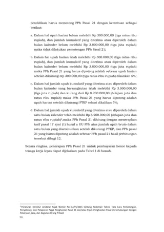 50
pendidikan harus memotong PPh Pasal 21 dengan ketentuan sebagai
berikut:
a. Dalam hal upah harian belum melebihi Rp 300.000,00 (tiga ratus ribu
rupiah), dan jumlah kumulatif yang diterima atau diperoleh dalam
bulan kalender belum melebihi Rp 3.000.000,00 (tiga juta rupiah)
maka tidak dilakukan pemotongan PPh Pasal 21;
b. Dalam hal upah harian telah melebihi Rp 300.000,00 (tiga ratus ribu
rupiah), dan jumlah kumulatif yang diterima atau diperoleh dalam
bulan kalender belum melebihi Rp 3.000.000,00 (tiga juta rupiah)
maka PPh Pasal 21 yang harus dipotong adalah sebesar upah harian
setelah dikurangi Rp 300.000,00 (tiga ratus ribu rupiah) dikalikan 5%;
c. Dalam hal jumlah upah kumulatif yang diterima atau diperoleh dalam
bulan kalender yang bersangkutan telah melebihi Rp 3.000.000,00
(tiga juta rupiah) dan kurang dari Rp 8.200.000,00 (delapan juta dua
ratus ribu rupiah) maka PPh Pasal 21 yang harus dipotong adalah
upah harian setelah dikurangi PTKP sehari dikalikan 5%;
d. Dalam hal jumlah upah kumulatif yang diterima atau diperoleh dalam
satu bulan kalender telah melebihi Rp 8.200.000,00 (delapan juta dua
ratus ribu rupiah)3,maka PPh Pasal 21 dihitung dengan menerapkan
tarif pasal 17 ayat (1) huruf a UU PPh atas jumlah upah bruto dalam
satu bulan yang disetahunkan setelah dikurangi PTKP, dan PPh pasal
21 yang harus dipotong adalah sebesar PPh pasal 21 hasil perhitungan
tersebut dibagi 12.
Secara ringkas, penerapan PPh Pasal 21 untuk pembayaran honor kepada
tenaga kerja lepas dapat dijelaskan pada Tabel 1 di bawah.
3
Peraturan Direktur Jenderal Pajak Nomor Per-32/PJ/2015 tentang Pedoman Teknis Tata Cara Pemotongan,
Penyetoran, dan Pelaporan Pajak Penghasilan Pasal 21 dan/atau Pajak Penghasilan Pasal 26 Sehubungan Dengan
Pekerjaan, Jasa, dan Kegiatan Orang Pribadi
 