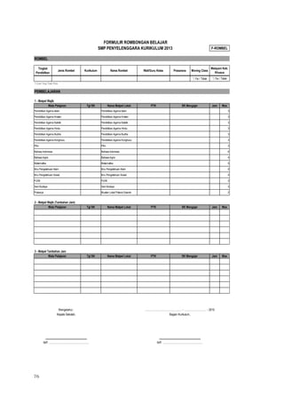 76
ROMBEL
Tingkat
Pendidikan
Jenis Rombel Kurikulum Nama Rombel Wali/Guru Kelas Prasarana Moving Class
*) Ya / Tidak
*) Coret Yang Tidak Perlu
PEMBELAJARAN
1 - Matpel Wajib
Tgl SK Nama Matpel Lokal PTK Jam Max
Pendidikan Agama Islam Pendidikan Agama Islam 3
Pendidikan Agama Kristen Pendidikan Agama Kristen 3
Pendidikan Agama Katolik Pendidikan Agama Katolik 3
Pendidikan Agama Hindu Pendidikan Agama Hindu 3
Pendidikan Agama Budha Pendidikan Agama Budha 3
Pendidikan Agama Konghucu Pendidikan Agama Konghucu 3
PKn PKn 3
Bahasa Indonesia Bahasa Indonesia 6
Bahasa Ingris Bahasa Ingris 4
Matematika Matematika 5
Ilmu Pengetahuan Alam Ilmu Pengetahuan Alam 5
Ilmu Pengetahuan Sosial Ilmu Pengetahuan Sosial 4
PJOK PJOK 3
Seni Budaya Seni Budaya 3
Prakarya Muatan Lokal Potensi Daerah 2
2 - Matpel Wajib (Tambahan Jam)
Tgl SK Nama Matpel Lokal PTK Jam Max
3 - Matpel Tambahan Jam
Tgl SK Nama Matpel Lokal PTK Jam Max
Mengetahui : ...................................., ........ - ............................ - 2015
Kepala Sekolah, Bagian Kurikulum,
.................................................... ....................................................
NIP. .................................................. NIP. ..................................................
FORMULIR ROMBONGAN BELAJAR
SMP PENYELENGGARA KURIKULUM 2013
Mata Pelajaran SK Mengajar
Mata Pelajaran SK Mengajar
F-ROMBEL
Melayani Keb.
Khusus
*) Ya / Tidak
Mata Pelajaran SK Mengajar
 