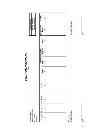 97
NamaSekolah:………………………………………
Desa/Kecamatan:………………………………………
Kabupaten:………………………………………
Provinsi:………………………………………
PengeluaranSaldo
PPNPPh21PPh22PPh23(Kredit)
123456781011
Mengetahui
KepalaSekolahBendaharaSekolah
……………………………..……………………………..
NIPNIP
BUKUPEMBANTUPAJAK
Bulan:
FormulirBOS-K6
DiisiolehBendahara
Disimpandisekolah
TanggalNo.KodeNo.BuktiUraian
Penerimaan(Debit)
 