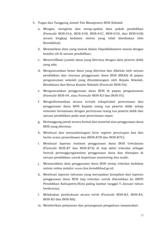 17
4. Tugas dan Tanggung Jawab Tim Manajemen BOS Sekolah
a. Mengisi, mengirim dan meng-update data pokok pendidikan
(Formulir BOS-01A, BOS-01B, BOS-01C, BOS-01D, dan BOS-01E)
secara lengkap kedalam sistem yang telah disediakan oleh
Kemdikbud;
b. Memastikan data yang masuk dalam Dapodikdasmen sesuai dengan
kondisi riil di satuan pendidikan;
c. Memverifikasi jumlah dana yang diterima dengan data peserta didik
yang ada;
d. Mengumumkan besar dana yang diterima dan dikelola oleh satuan
pendidikan dan rencana penggunaan dana BOS (RKAS) di papan
pengumuman sekolah yang ditandatangani oleh Kepala Sekolah,
Bendahara dan Ketua Komite Sekolah (Formulir BOS-03);
e. Mengumumkan penggunaan dana BOS di papan pengumuman
(Formulir BOS-04, atau Formulir BOS-K3 dan BOS-07);
f. Menginformasikan secara tertulis rekapitulasi penerimaan dan
penggunaan dana BOS kepada orang tua peserta didik setiap
semester bersamaan dengan pertemuan orang tua peserta didik dan
satuan pendidikan pada saat penerimaan rapor;
g. Bertanggung jawab secara formal dan material atas penggunaan dana
BOS yang diterima;
h. Membuat dan menandatangani form register penutupan kas dan
berita acara pemeriksaan kas (BOS-K7B dan BOS-K7C);
i. Membuat laporan realisasi penggunaan dana BOS triwulanan
(Formulir BOS-K7 dan BOS-K7A) di tiap akhir triwulan sebagai
bentuk pertanggungjawaban penggunaan dana dan disimpan di
satuan pendidikan untuk keperluan monitoring dan audit;
j. Memasukkan data penggunaan dana BOS setiap triwulan kedalam
sistem online melalui www.bos.kemdikbud.go.id;
k. Membuat laporan tahunan yang merupakan kompilasi dari laporan
penggunaan dana BOS tiap triwulan untuk diserahkan ke SKPD
Pendidikan Kabupaten/Kota paling lambat tanggal 5 Januari tahun
berikutnya;
l. Melakukan pembukuan secara tertib (Formulir BOS-K3, BOS-K4,
BOS-K5 dan BOS-K6);
m. Memberikan pelayanan dan penanganan pengaduan masyarakat;
 