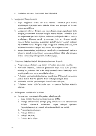 30
e. Pembelian alat-alat kebersihan dan alat listrik.
6. Langganan Daya dan Jasa
a. Biaya langganan listrik, air, dan telepon. Termasuk pula untuk
pemasangan instalasi baru apabila sudah ada jaringan di sekitar
satuan pendidikan;
b. Langganan internet dengan cara pasca bayar maupun prabayar, baik
dengan fixed modem maupun dengan mobile modem. Termasuk pula
untuk pemasangan baru apabila sudah ada jaringan di sekitar satuan
pendidikan. Khusus untuk penggunaan internet dengan mobile
modem, batas maksimal pembelian paket/voucher adalah sebesar
Rp.250.000/bulan. Adapun biaya langganan internet melalui fixed
modem disesuaikan dengan kebutuhan satuan pendidikan.
c. Membeli genset atau jenis lainnya yang lebih cocok di daerah tertentu
misalnya panel surya, jika di satuan pendidikan tidak ada jaringan
listrik, termasuk perlengkapan pendukungnya.
7. Perawatan Sekolah/Rehab Ringan dan Sanitasi Sekolah
a. Pengecatan, perbaikan atap bocor, perbaikan pintu dan jendela;
b. Perbaikan mebeler, termasuk pembelian meja dan kursi peserta
didik/guru jika meja dan kursi yang ada sudah tidak berfungsi atau
jumlahnya kurang mencukupi kebutuhan;
c. Perbaikan sanitasi sekolah (kamar mandi dan WC) untuk menjamin
kamar mandi dan WC peserta didik berfungsi dengan baik;
d. Perbaikan saluran pembuangan dan saluran air hujan;
e. Perbaikan lantai ubin/keramik dan perawatan fasilitas sekolah
lainnya.
8. Pembayaran Honorarium Bulanan
a. Honorarium yang dapat dibayarkan adalah untuk:
i. Guru honorer (hanya untuk memenuhi SPM);
ii. Tenaga administrasi (tenaga yang melaksanakan administrasi
sekolah termasuk melakukan tugas sebagai operator
Dapodikdasmen), termasuk administrasi BOS untuk SD;
iii. Pegawai perpustakaan;
iv. Penjaga Sekolah;
v. Petugas satpam;
vi. Petugas kebersihan;
 