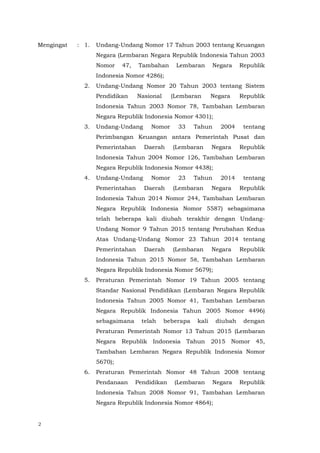 2
Mengingat : 1. Undang-Undang Nomor 17 Tahun 2003 tentang Keuangan
Negara (Lembaran Negara Republik Indonesia Tahun 2003
Nomor 47, Tambahan Lembaran Negara Republik
Indonesia Nomor 4286);
2. Undang-Undang Nomor 20 Tahun 2003 tentang Sistem
Pendidikan Nasional (Lembaran Negara Republik
Indonesia Tahun 2003 Nomor 78, Tambahan Lembaran
Negara Republik Indonesia Nomor 4301);
3. Undang-Undang Nomor 33 Tahun 2004 tentang
Perimbangan Keuangan antara Pemerintah Pusat dan
Pemerintahan Daerah (Lembaran Negara Republik
Indonesia Tahun 2004 Nomor 126, Tambahan Lembaran
Negara Republik Indonesia Nomor 4438);
4. Undang-Undang Nomor 23 Tahun 2014 tentang
Pemerintahan Daerah (Lembaran Negara Republik
Indonesia Tahun 2014 Nomor 244, Tambahan Lembaran
Negara Republik Indonesia Nomor 5587) sebagaimana
telah beberapa kali diubah terakhir dengan Undang-
Undang Nomor 9 Tahun 2015 tentang Perubahan Kedua
Atas Undang-Undang Nomor 23 Tahun 2014 tentang
Pemerintahan Daerah (Lembaran Negara Republik
Indonesia Tahun 2015 Nomor 58, Tambahan Lembaran
Negara Republik Indonesia Nomor 5679);
5. Peraturan Pemerintah Nomor 19 Tahun 2005 tentang
Standar Nasional Pendidikan (Lembaran Negara Republik
Indonesia Tahun 2005 Nomor 41, Tambahan Lembaran
Negara Republik Indonesia Tahun 2005 Nomor 4496)
sebagaimana telah beberapa kali diubah dengan
Peraturan Pemerintah Nomor 13 Tahun 2015 (Lembaran
Negara Republik Indonesia Tahun 2015 Nomor 45,
Tambahan Lembaran Negara Republik Indonesia Nomor
5670);
6. Peraturan Pemerintah Nomor 48 Tahun 2008 tentang
Pendanaan Pendidikan (Lembaran Negara Republik
Indonesia Tahun 2008 Nomor 91, Tambahan Lembaran
Negara Republik Indonesia Nomor 4864);
 