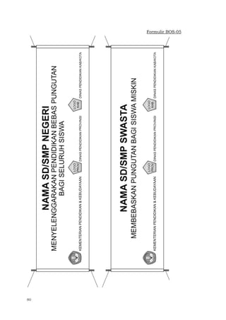 80
Formulir BOS-05
NAMASD/SMPNEGERI
MENYELENGGARAKANPENDIDIKANBEBASPUNGUTAN
BAGISELURUHSISWA
LOGO
PROV
DINASPENDIDIKANPROVINSI
LOGO
KAB
DINASPENDIDIKANKAB/KOTAKEMENTERIANPENDIDIKAN&KEBUDAYAAN
LOGO
PROV
DINASPENDIDIKANPROVINSI
LOGO
KAB
DINASPENDIDIKANKAB/KOTAKEMENTERIANPENDIDIKAN&KEBUDAYAAN
NAMASD/SMPSWASTA
MEMBEBASKANPUNGUTANBAGISISWAMISKIN
 