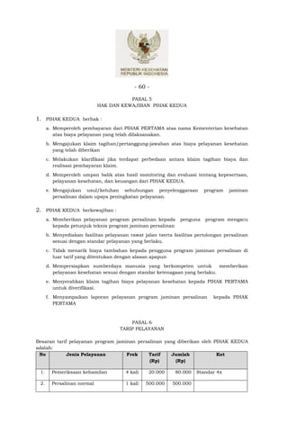 - 60 -

                                       PASAL 5
                            HAK DAN KEWAJIBAN PIHAK KEDUA

1. PIHAK KEDUA berhak :
      a. Memperoleh pembayaran dari PIHAK PERTAMA atas nama Kementerian kesehatan
         atas biaya pelayanan yang telah dilaksanakan.
      b. Mengajukan klaim tagihan/pertanggung-jawaban atas biaya pelayanan kesehatan
         yang telah diberikan
      c. Melakukan klarifikasi jika terdapat perbedaan antara klaim tagihan biaya dan
         realisasi pembayaran klaim.
      d. Memperoleh umpan balik atas hasil monitoring dan evaluasi tentang kepesertaan,
         pelayanan kesehatan, dan keuangan dari PIHAK KEDUA.
      e. Mengajukan usul/keluhan sehubungan penyelenggaraan              program   jaminan
         persalinan dalam upaya peningkatan pelayanan.

2. PIHAK KEDUA berkewajiban :
      a. Memberikan pelayanan program persalinan kepada        penguna   program mengacu
         kepada petunjuk teknis program jaminan persalinan
      b. Menyediakan fasilitas pelayanan rawat jalan tserta fasilitas pertolongan persalinan
         sesuai dengan standar pelayanan yang berlaku.
      c. Tidak menarik biaya tambahan kepada pengguna program jaminan persalinan di
         luar tarif yang ditentukan dengan alasan apapun
      d. Mempersiapkan sumberdaya manusia yang berkompeten untuk            memberikan
         pelayanan kesehatan sesuai dengan standar ketenagaan yang berlaku.
      e. Menyerahkan klaim tagihan biaya pelayanan kesehatan kepada PIHAK PERTAMA
         untuk diverifikasi.
      f. Menyampaikan laporan pelayanan program jaminan persalinan           kepada PIHAK
         PERTAMA



                                         PASAL 6
                                     TARIP PELAYANAN

Besaran tarif pelayanan program jaminan persalinan yang diberikan oleh PIHAK KEDUA
adalah:
 No          Jenis Pelayanan        Frek    Tarif     Jumlah            Ket
                                             (Rp)      (Rp)

 1.     Pemeriksaan kehamilan          4 kali    20.000      80.000   Standar 4x

 2.     Persalinan normal              1 kali   500.000    500.000
 