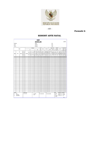 Formulir 6




                                                                                                                                                                                       40 41 42 43 # 45 46 47 48 # 50 51 52




                                                                                                                                             K e a d a a n P u la n g ( H / M )
                                                                                                        Kegiatan Rujukan
                                                   Lembar KIA 3




                                                                                                                                        K e a d a a n T ib a (H / M )
                                                                                                                                                     L a in -la in




                                                                                                                                                                                                                                                                        AMO : Amodiakuin



                                                                                                                                                                                                                                                                                                                                   Hal. ___
                                                                                                                                   Kesehatan***




                                                                                                                                                                                                                              ARV Profilaksis: Obat Anti Malaria:
                                                                                                                                                                                                                                                                        ART : Artesunat
                                                                                                                                                          RS
                                                                                                                                     Fasilitas




                                                                                                                                                   R S IA / R S B




                                                                                                                                                                                                                                                                        KIN : Kina
                                                                                                                                                          RB
                                                                                                                                                   P uskesm as
                                                                                                                                                     L a in -la in
                                                                                                                            Komplikasi***




                                                                                                                                                        KPD
                      KOHORT ANTE NATAL




                                                                                                                                                                                                                                                                        3TC : Lamivudin
                                                                                                                                                                                                                                                                        ZDV : Zidovudin
                                                                                                                                                                                                                                                                        NVP : Nevirapin
                                                                                                                                                       In fe k s i
                                                                                                                                                   P e rd a ra h a n
                                                                                                                                                      A b o rtu s
                                                                                                                                                        HDK
                                                                                                        terdeteks
                                                                                                         i oleh***




                                                                                                                                                                                       39
                                                                                                                                                    Non Nakes
                                                                                                           Risiko




                                                                                                                                                                                                                                                                        : Pyrazinamid
                                                                                                                                                                                                                                                                        : Ethambutol
                                                                                                                                                                                                                                                                        : Rif ampisin
                                                                                                                                                                                       38
                                                                                                                                                       Nakes




                                                                                                                                                                                                                              Obat TB:


                                                                                                                                                                                                                                                                        : INH
                                                                                                                                                                                       37
                                                                                                                                                    O b a t T B **
                                                                                                                                            TB




                                                                                                                                                                                       36
                                                                                                                                                      T B (+ /-)




                                                                                                                                                                                                                                                                        R
                                                                                                                                                                                                                                                                        H

                                                                                                                                                                                                                                                                        E
                                                                                                                                                                                                                                                                        Z
                                                                                            :




                                                                                                                                                             K e la m b u
                                                                                                        Integrasi Program




                                                                                                                                                                                       35
                                                                  :




                                                                                                                                                        B e r in s e k t is id a *
                                                                                                                                            Malaria
                                                                                BIDAN :




                                                                                                                                                          O b a t A n ti
                                                                                            TAHUN




                                                                                                                                                                                       34
                                                                  DESA




                                                                                                                                                           M a la ria * *
- 69 -




                                                                                                                                                                                       33
                                                                                                                                                         M a la ria (+ / -)




                                                                                                                                                                                                                                                                        Tulis nama obat yang diberikan
                                                                                                                                                                                       32
                                                                                                                                                      A R V P r o f if a lk s is * *
                                                                                                                                            PMTCT




                                                                                                                                                                                       31
                                                                                                                                                        S e ro lo g i (+ / -)
                                                                                                                                                               VCT*




                                                                                                                                                                                       23 24 25 26 27 28 29 30
                                                                                                                                                         H B s A g (+ /-)
                                                                                                                            Laboratorium
                                                                                                                                                          S if ilis (+ / -)
                                                                                                                                                       T h a la s e m ia ( + / - )




                                                                                                                                                                                                                              *** :
                                                                                                                                                       G u la D a r a h ( + / - )
                                                                                                                                                       P r o t e in U r in ( + / - )
                                                                                                                                     H b (g / d l)
                                                                                                                                         PMT




                                                                                                                            Pelayanan




                                                                                                                                                                                                                                                                    Tulis √ pada salah satu kolom
                                                                                                                                                                                       22
                                                                                                                                   F e (t a b le t )
                                                                                                                                 C a ta t d i b u k u




                                                                                                                                                                                       21
                                                                                                                                         K IA *




                                                                                                                                                                                       20
                                                                                                                                   I n je k s i T T *
                                          ANTE NATAL CARE
                                                                                                                 S t a t u s I m u n is a is i T T 2 )




                                                                                                                                                                                       19
                                                                  :
                                                                                :
                                                                                            :
                                                                                                                                 P re s e n t a s i1 )




                                                                                                                                                                                       18
                                              KOHORT




                                                                                                                                                                                                                              ** :
                                                                                                                                                      J u m la h J a n in ( T / G )




                                                                                                                                                                                       17
                                                                                                                                            Bayi
                                                                                                                                                          T B J (g ra m )




                                                                                                                                                                                       16
                                                                                            KECAMATAN
                                                                                KABUPATEN
                                                                  PROPINSI
                                                                                                                                                      K e p a l a th d P A P




                                                                                                                                                                                       15
                                                                                                                                                             ( M /B M )




                                                                                                                                                                                                                                                                        : Jika ya/dilakukan
                                                                                                                                                        D J J (x / m e n it )




                                                                                                                                                                                       14




                                                                                                                                                                                                                                                                        : Jika tidak
                                                                                                                                                       S t a t u s G iz i ( M / N )




                                                                                                                                                                                       13
                                                                                                        Pemeriksaan
                                                                                                                                                           L IL A (c m )




                                                                                                                                                                                       12
                                                                                                                                                           T F U (c m )




                                                                                                                                                                                       11




                                                                                                                                                                                                                              *:


                                                                                                                                                                                                                                                                    X
                                                                                                                                                                                                                                                                    √
                                                                                                                                                         T D (m m H g )




                                                                                                                                                                                       10
                                                                                                                                                        T in g g i B a d a n




                                                                                                                                            Ibu




                                                                                                                                                                                       9
                                                                                                                                                               (c m )
                                                                                                                                                             B B (k g )




                                                                                                                                                                                       8
                                                                                                                                                                   Anamnesis




                                                                                                                                                                                                                              2) Status Imunisasi :
                                                                                                                                                                                                                                                                        T0, T1, T2, T3, T4, T5
                                                                                                                                                                                       7
                                                                                                                                                        T rim e s t e r k e




                                                                                                                                                                                       6
                                                                                                                                                        U s ia K e h a m ila n




                                                                                                                                                                                       5
                                                                                                                                                        Jam kesm as*




                                                                                                                                                                                       4
                                                                                                                                                                   Nama Ibu



                                                                                                                                                                                       3
                                                                                                                            Register




                                                                                                                                                                                                                                                                                                         : Letak Lintang/Oblique
                                                                                                                                                                                                                                                                                                         : Bokong/Sungsang
                                                                                                                                                                   No. Ibu



                                                                                                                                                                                       2




                                                                                                                                                                                                                                         : Kepala
                                                                  PUSKESMAS :
                                                                                :
                                                                                            :




                                                                                                                                                                                                                              1) Presentasi :
                                                                                            TELP/FAX
                                                                                ALAMAT




                                                                                                                                                                   Tanggal



                                                                                                                                                                                       1




                                                                                                                                                                                                                                                                                                         LLO
                                                                                                                                                                                                                              KP
                                                                                                                                                                                                                                                                                                         BS
 